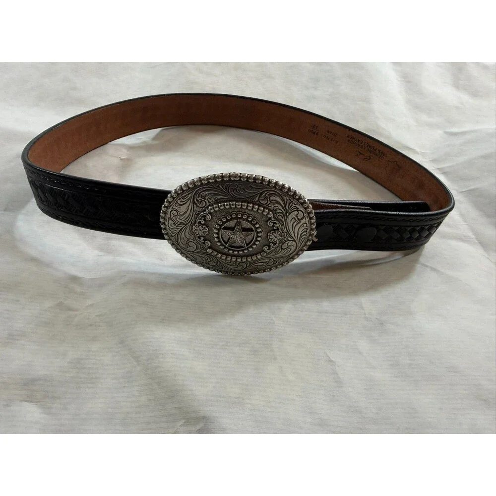 Nocona Western Belt 32 Black Leather Basketweave Texas Star Buckle 9700‎